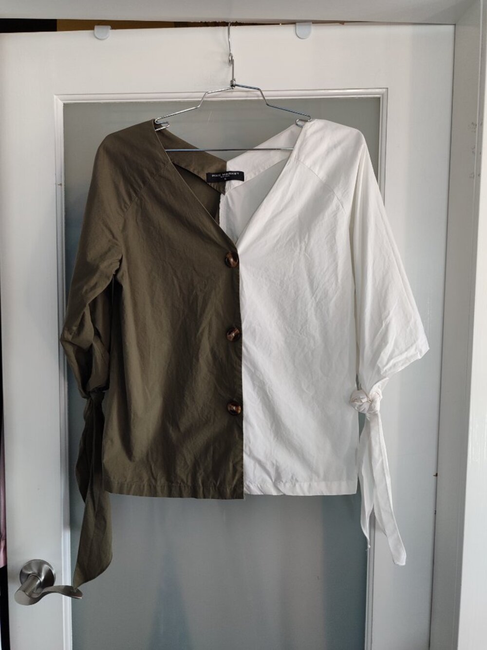 Pixie Market Colorblock Olive Green and White Two-Tone Poplin Blouse Size M